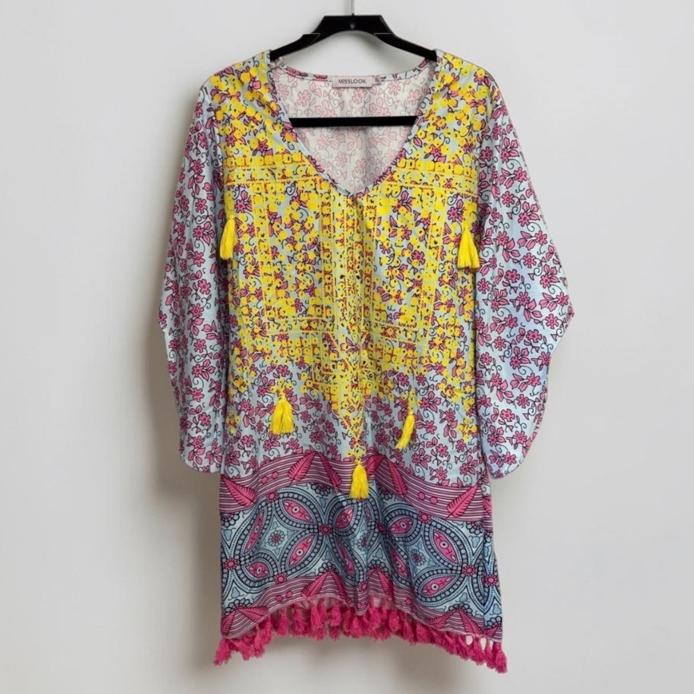 Misslook Womens XL Boho Tassel Fringe V-Neck Shift Dress Floral Beach Cover Up
